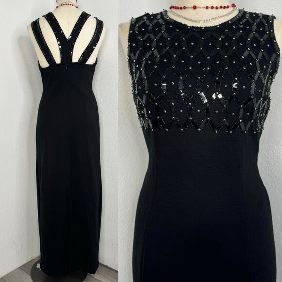 Vintage 90s Black Wool Blend Maxi Sweater Dress Beaded Sleeveless Goth Formal - Picture 1 of 9